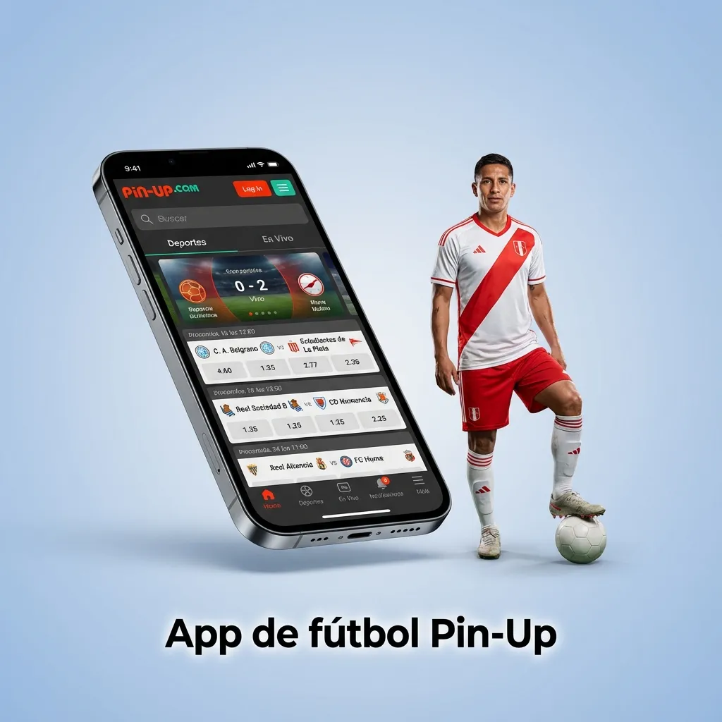 Mockup de la app móvil Pin-Up mostrando apuestas de fútbol, cuotas y saldo en la pantalla de un smartphone