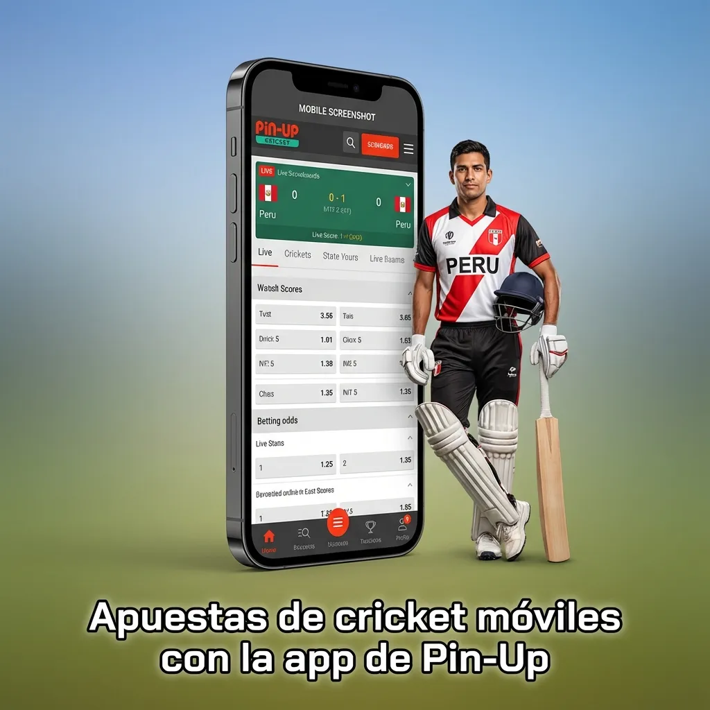 Hombre peruano usando app de Pin-Up en su celular para apostar en cricket, con interfaz móvil mostrando partidos y cuotas.
