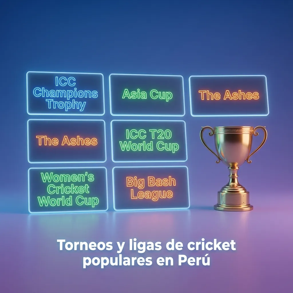 Gráfico en español sobre torneos de cricket populares para apostar en Perú, incluyendo ICC World Cup, T20 World Cup y The Ashes