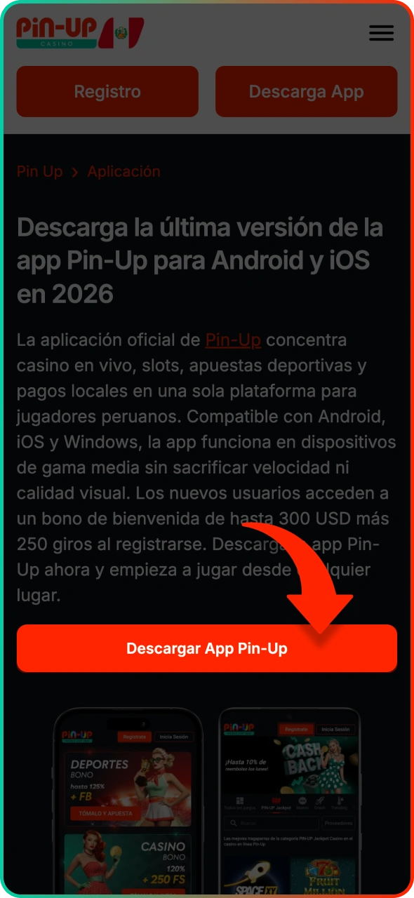 Encuentra el botón de iOS en el sitio web oficial de Pin-Up.