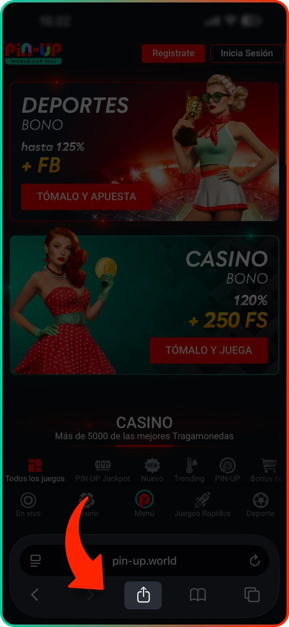 Haz clic en el botón Compartir para instalar la aplicación Pin-Up.