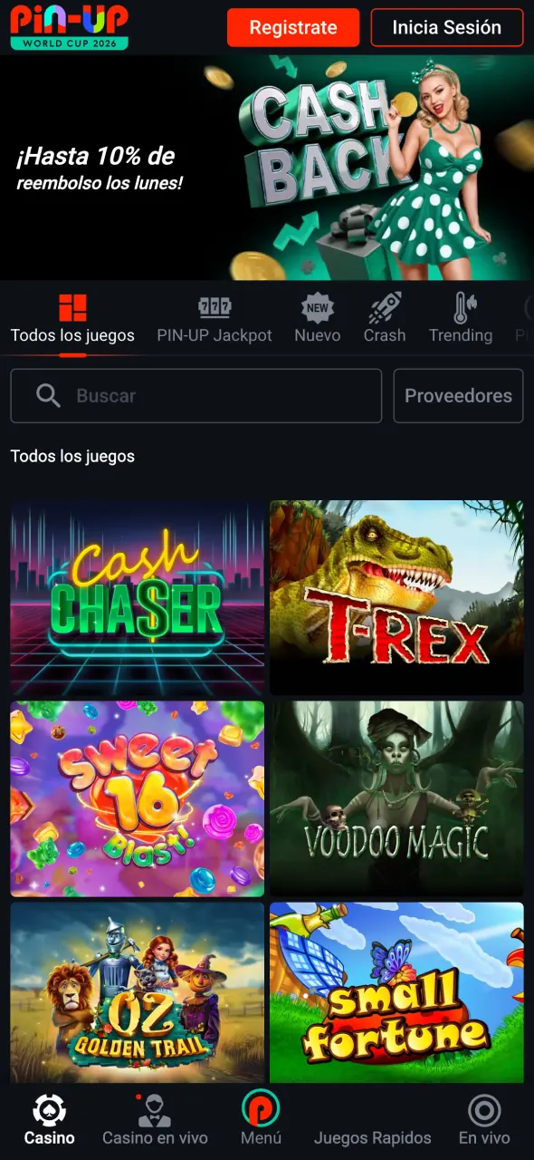 La sección de casinos del sitio web Pin-Up.