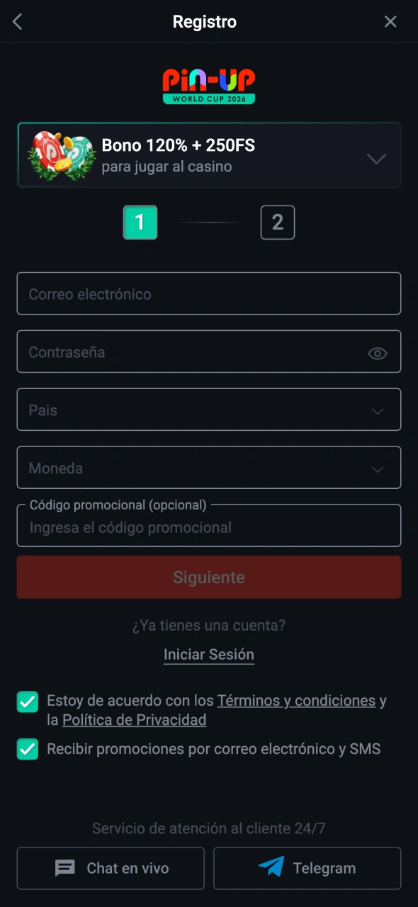 Regístrate en la plataforma Pin-Up.