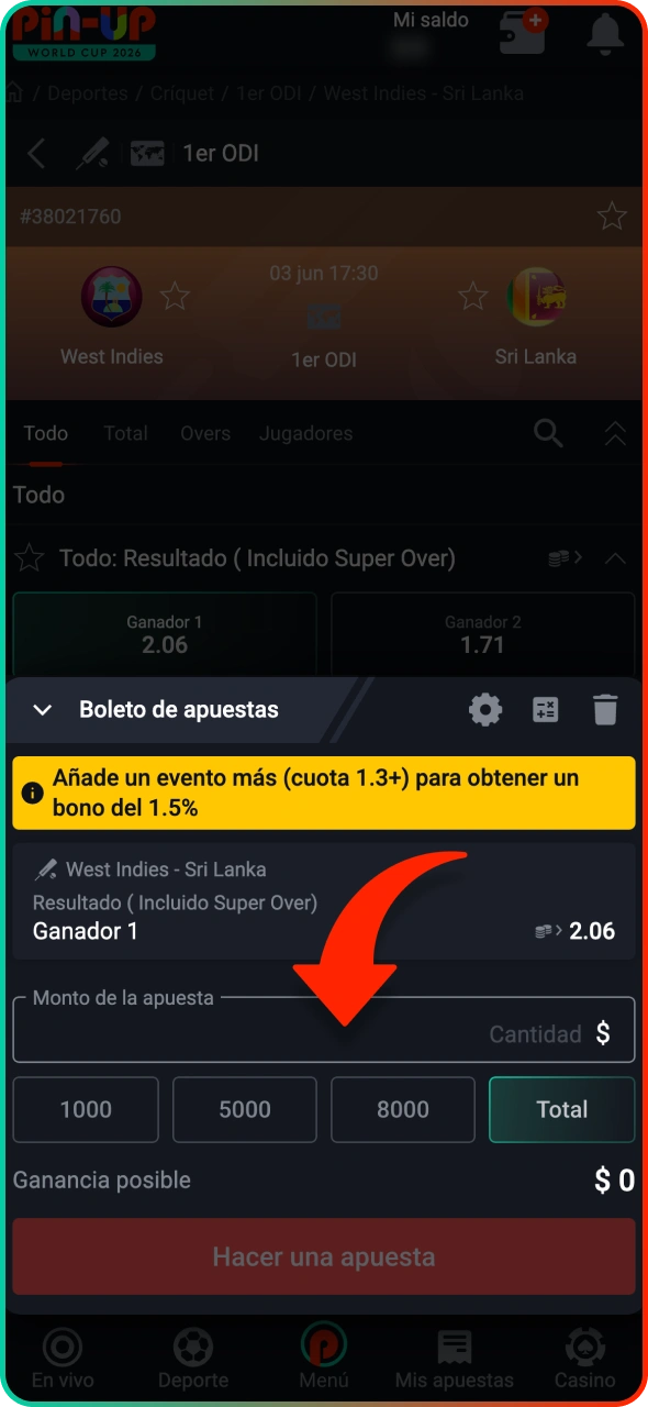 Introduzca el monto de la apuesta y confirme el proceso de apuesta en Pin-Up.