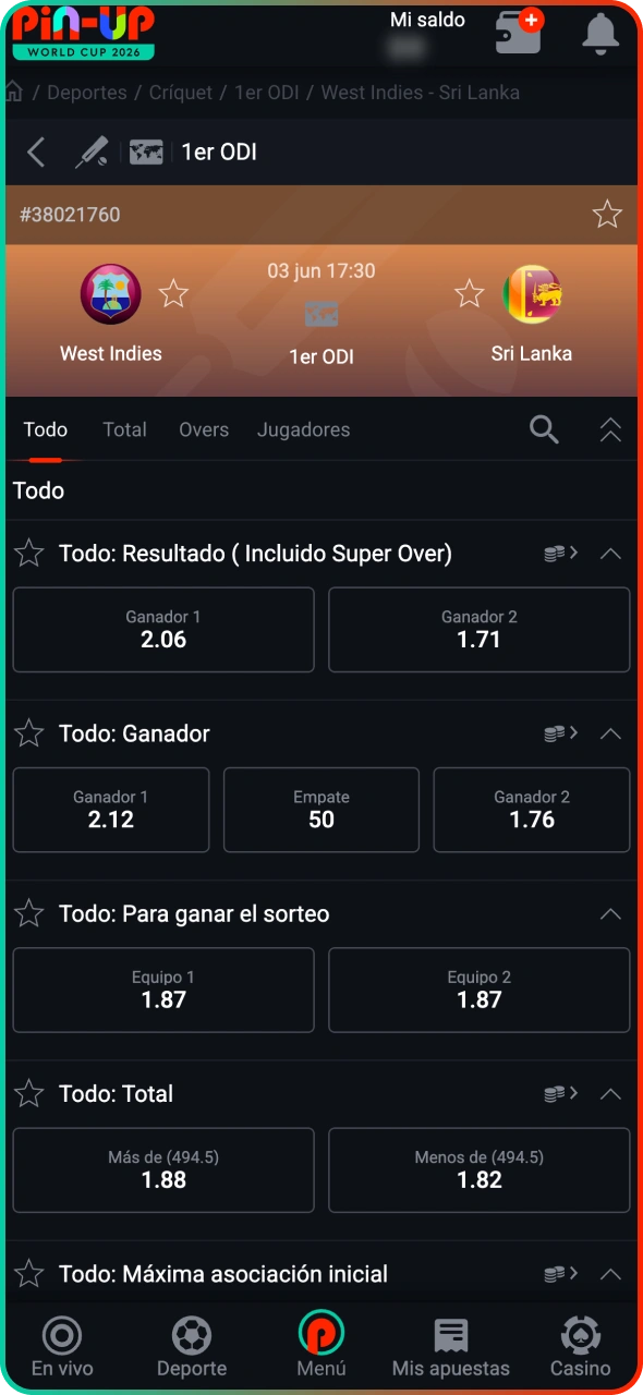 Elige un partido de críquet y un mercado en Pin-Up.