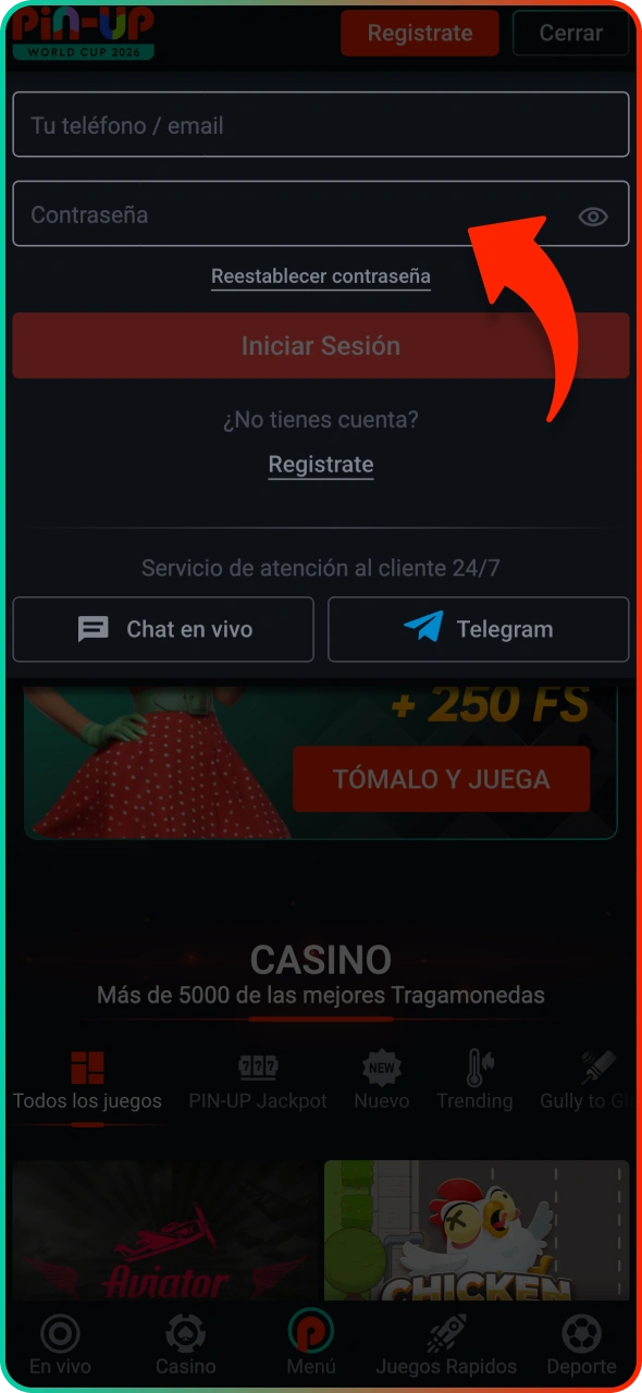Accede a tu cuenta con tus credenciales registradas en Pin-Up.