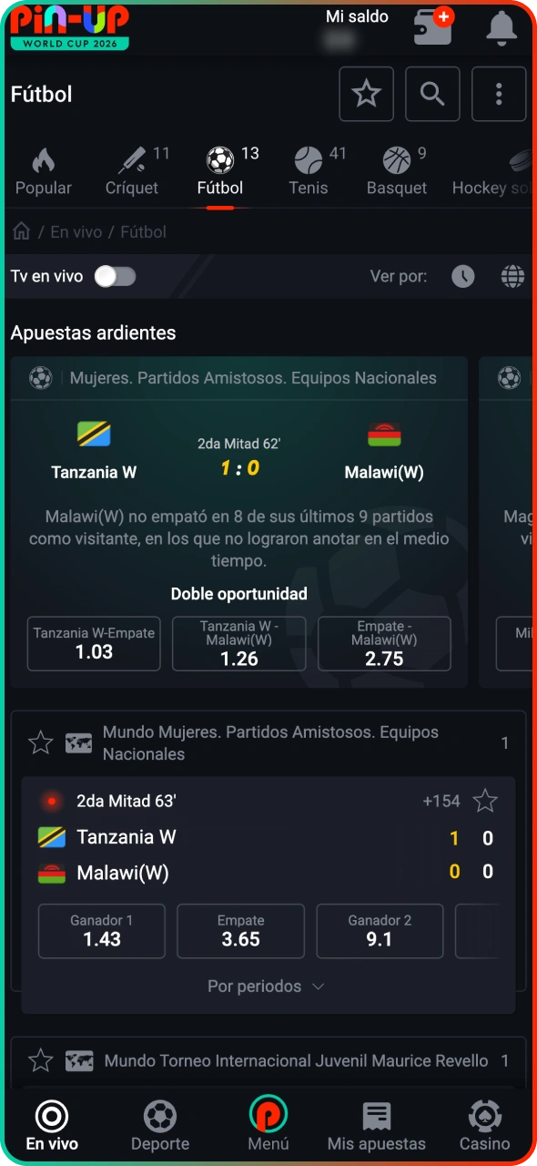 Elige un partido de fútbol para apostar en Pin-Up.