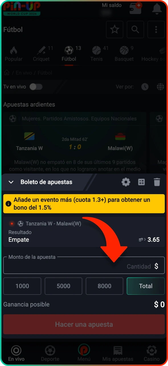 Introduce el monto de la apuesta y confirma el proceso en Pin-Up.