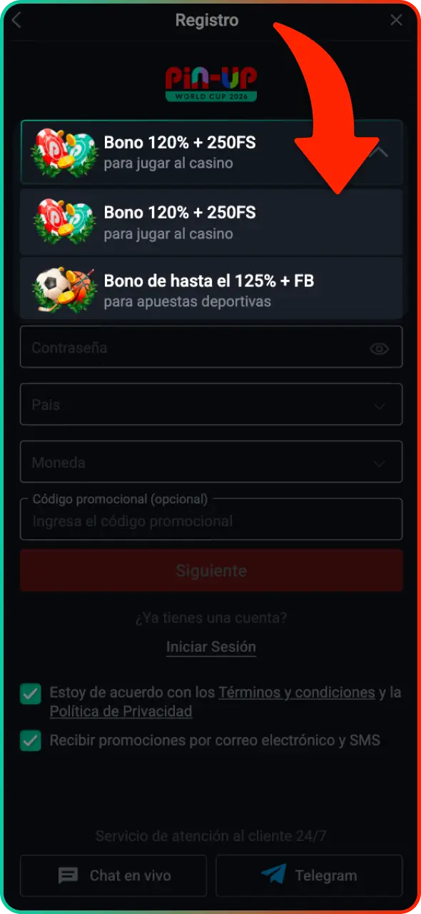 Elige tu bono de bienvenida preferido para jugar en Pin-Up online.