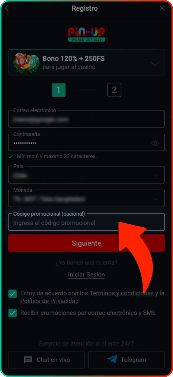 Ingresa un código promocional exclusivo y activa recompensas en Pin-Up.