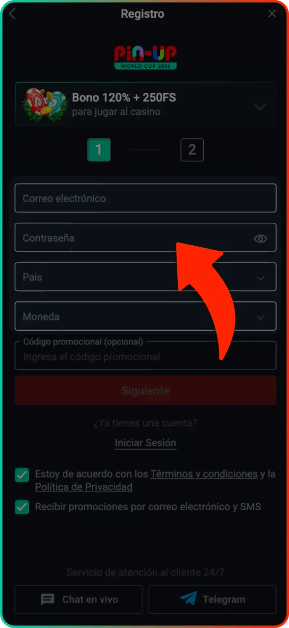 Completa tus datos personales para crear una cuenta nueva en Pin-Up.