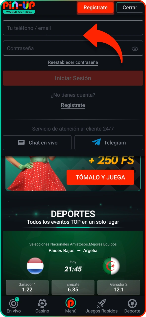 Primero, tienes que acceder a tu cuenta Pin-Up.