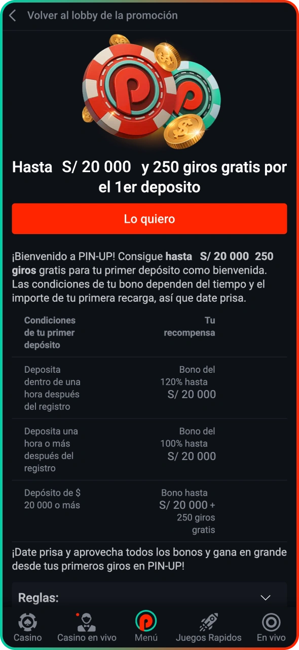 Activa el bono de bienvenida de Pin-Up para el casino.