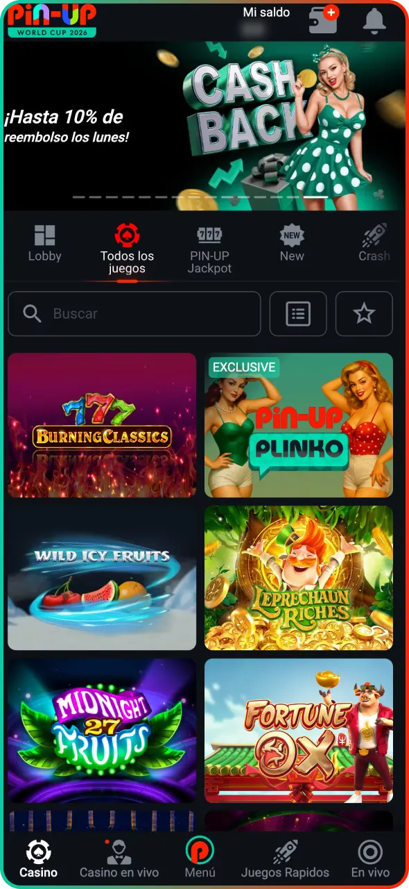 Encuentra la sección de Pin-Up Casino y elige las tragamonedas.